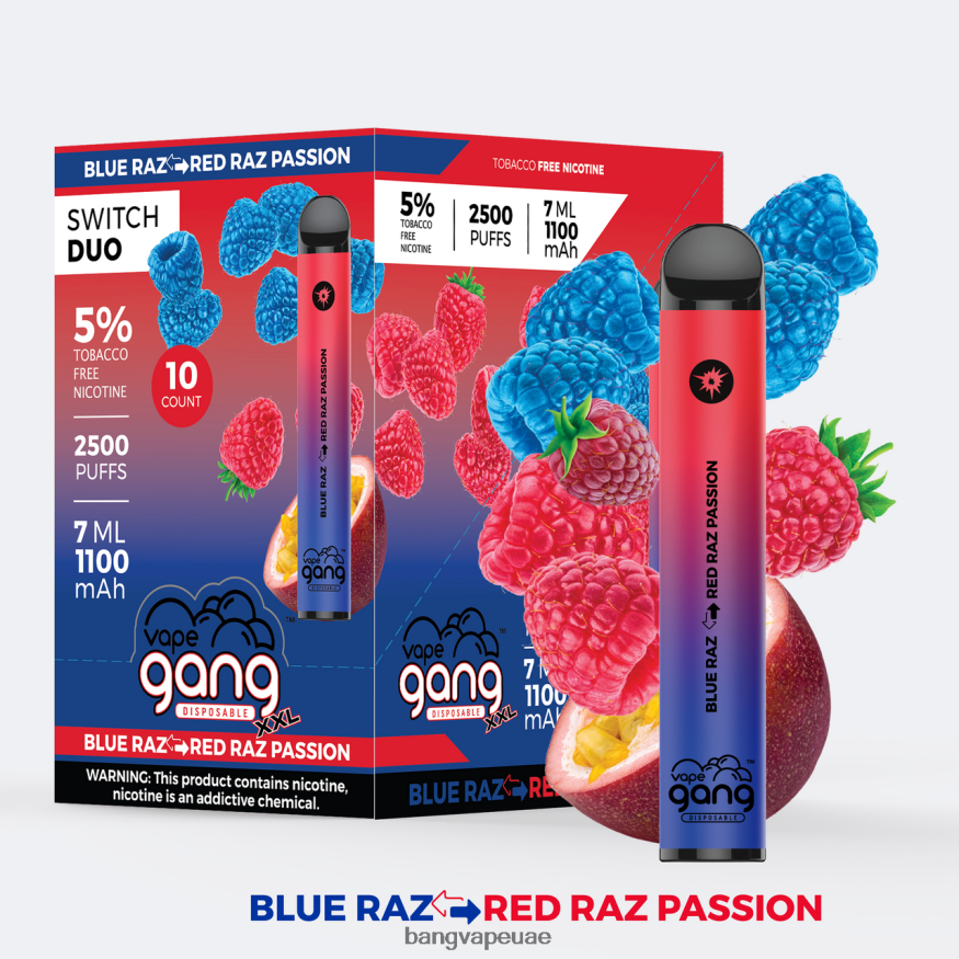 Vape Gang Switch Duo 2 نكهات (صندوق 10) الراز الأزرق - شغف الراز الأحمر - Vape Gang Disposables RLB6JT41
